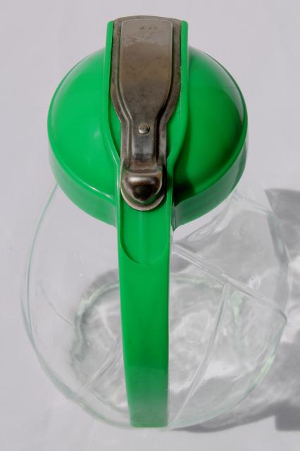 big vintage glass syrup pitcher w/ green plastic dispenser lid, one quart jar