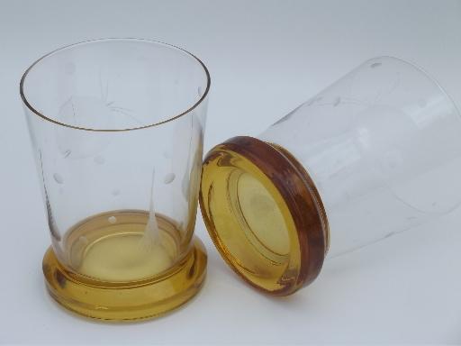 big-eyed goldfish vintage etched glass bar tumblers, 12 amber glasses