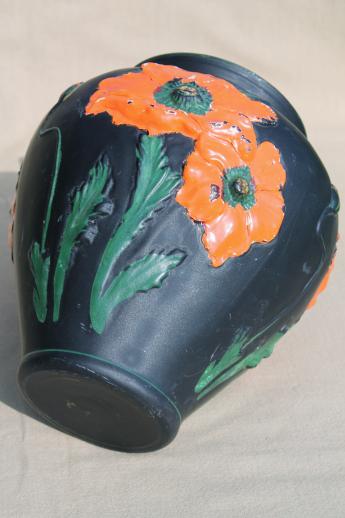 black amethyst glass vase w/ painted poppies, 1930s vintage Tiffin glass poppy vase