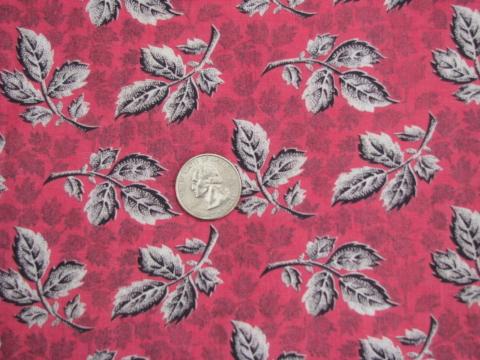 black and white leaves on rose pink, 50s vintage quilting cotton fabric