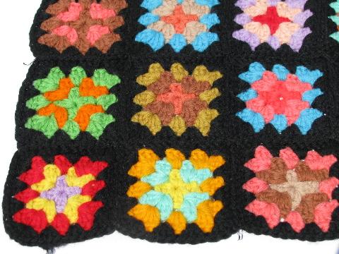 black w/ brights granny squares, small child's doll size crocheted afghan, 1940s vintage