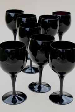 black glass water glasses or wine goblets, vintage stemware set for 8