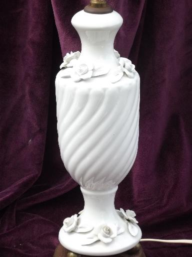 blanc de chine urns w/ white roses pair of 1950s vintage table lamps