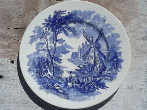 blue and white delft style Windmill vintage china plates, Palissy Ware England