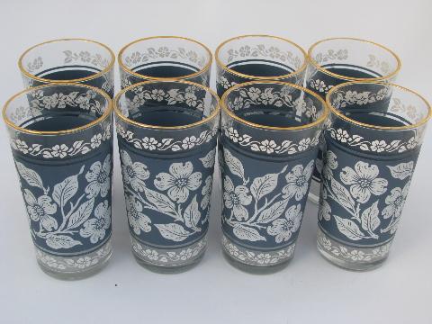 blue and white dogwoods floral glasses w/ rack, vintage Hazel Ware in box