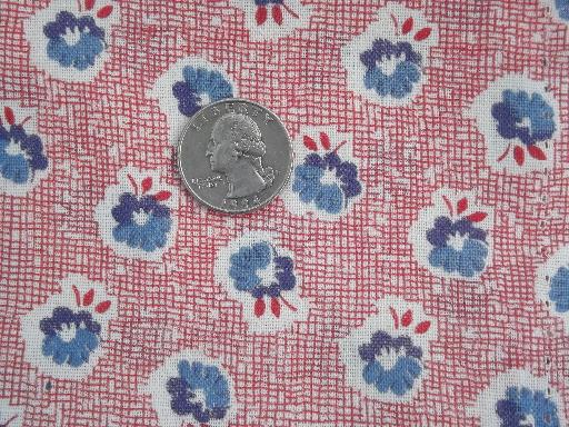 blue cotton ball flower on red and white, primitive vintage feedsack fabric