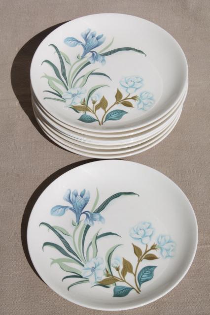 blue crocus spring flowers pattern vintage china plates, Crown potteries pottery dishes