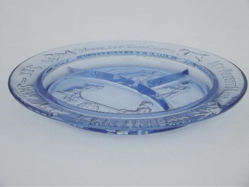 blue glass child's plate, divided dish w/ See-Saw Margery Daw nursery rhyme