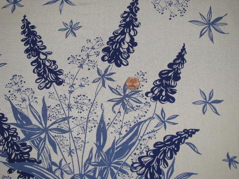 blue lupines or larkspur floral print, 50s-60s vintage rayon fabric