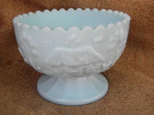 blue milk glass bowl, little red riding hood fairy tale story pattern