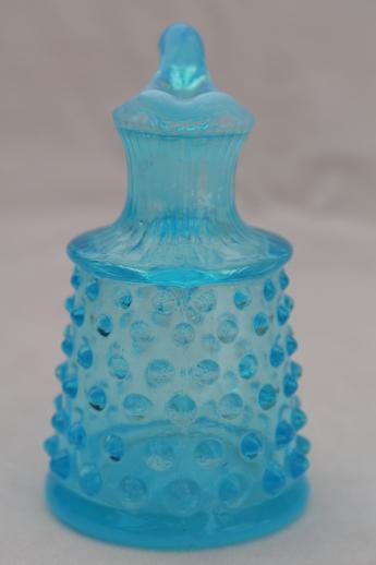 blue opalescent glass cruet bottle, vintage Fenton hobnail glass tiny pitcher