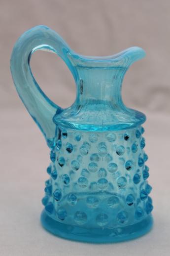 blue opalescent glass cruet bottle, vintage Fenton hobnail glass tiny pitcher