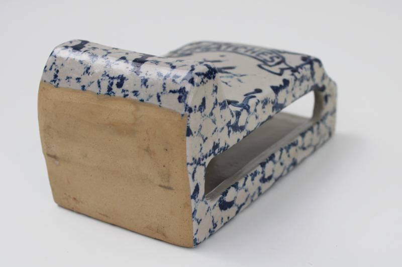 blue spongeware stoneware pottery wall box Matches, vintage match safe