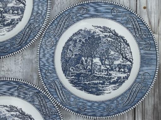 blue & white Currier & Ives grist mill dinner plates vintage Royal china