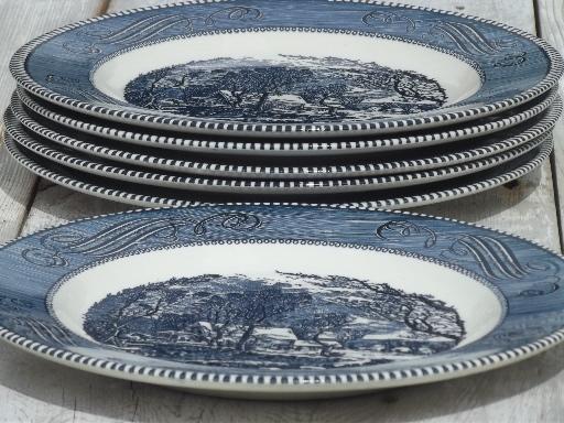 blue & white Currier & Ives grist mill dinner plates vintage Royal china