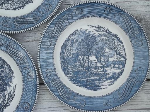 blue & white Currier & Ives grist mill dinner plates vintage Royal china 