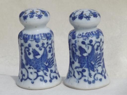 blue & white Phoenixware china salt and pepper shakers, vintage Japan 