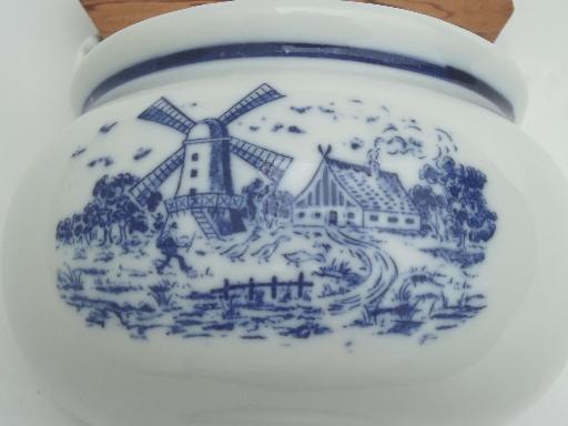 blue & white china salt box, vintage Delft style Dutch windmills scene