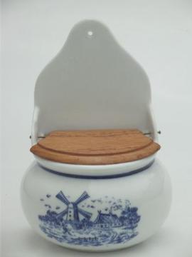 blue & white china salt box, vintage Delft style Dutch windmills scene