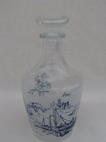 blue & white toile print, vintage France decanter bottle w/ stopper