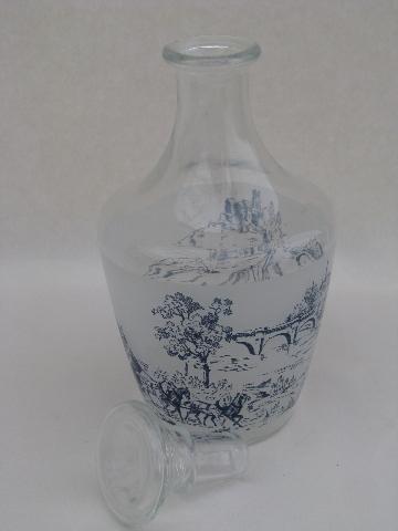 blue & white toile print, vintage France decanter bottle w/ stopper