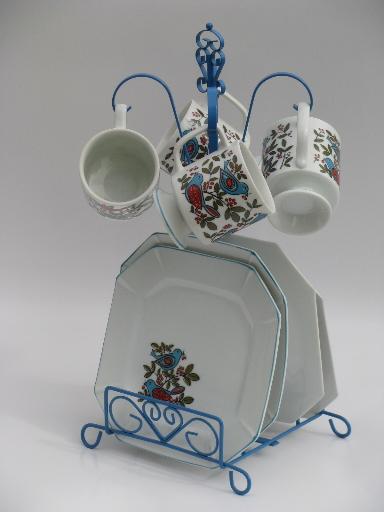 bluebird distlefink folk art china dishes, vintage Japan cups and plates