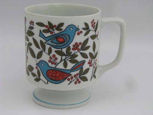bluebird distlefink folk art china dishes, vintage Japan cups and plates