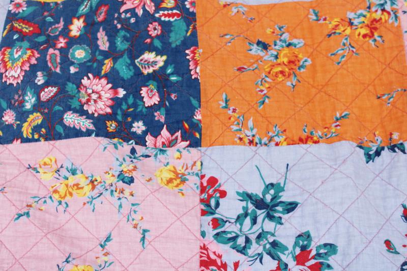 bohemian style vintage queen size quilted bedspread, patchwork of florals bright colors