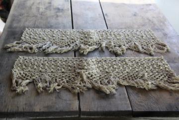 bohemian vintage hand knotted lace window valance panels, natural linen thread macrame