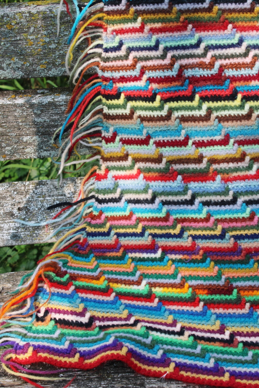 boho hippie vintage crochet rug, saddle blanket style fringed rainbow colors mosaic stitch
