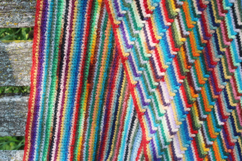 boho hippie vintage crochet rug, saddle blanket style fringed rainbow colors mosaic stitch