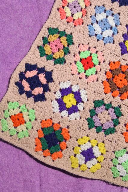 boho retro 70s vintage bedding, colorful granny square afghan & soft purple blanket