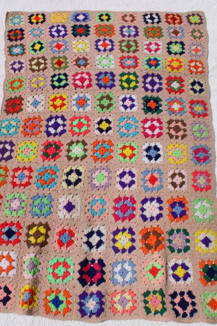 boho retro 70s vintage bedding, colorful granny square afghan & soft purple blanket