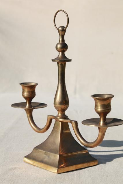 branched brass candlestick, twin light chamber candle stick lamp w/ ring handle