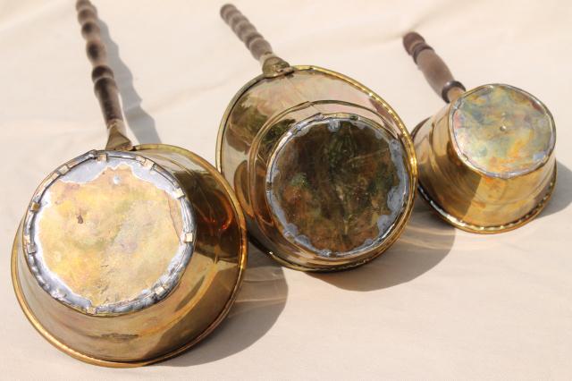 brass dipper pails w/ long wood handles, vintage reproduction antique metalware