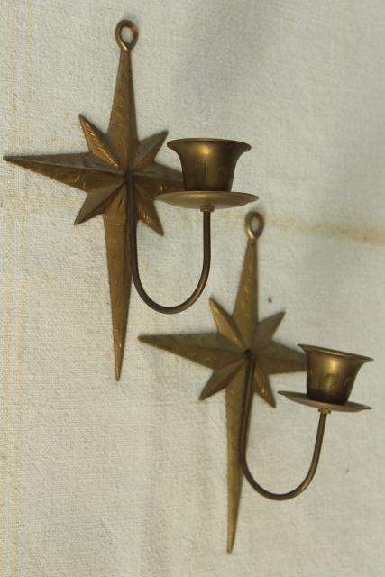 brass star candle holder wall sconces, 70s 80s vintage solid brass made in India