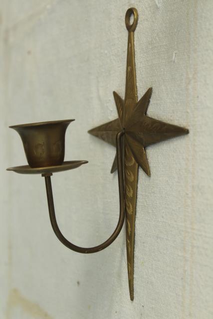 brass star candle holder wall sconces, 70s 80s vintage solid brass made in India
