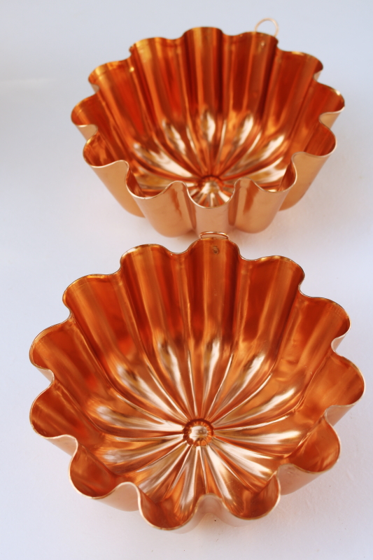 bright copper color vintage aluminum fluted shape jello molds, pair of matching pans