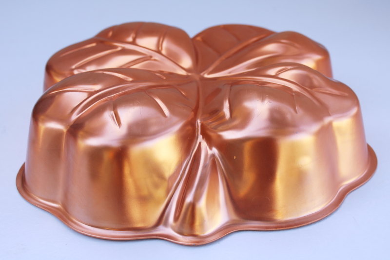 bright copper color vintage aluminum mold, Irish four leaf clover shamrock jello mold