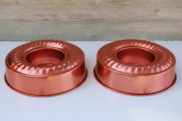 bright copper red color vintage aluminum large ring molds, jello mold pair of matching pans
