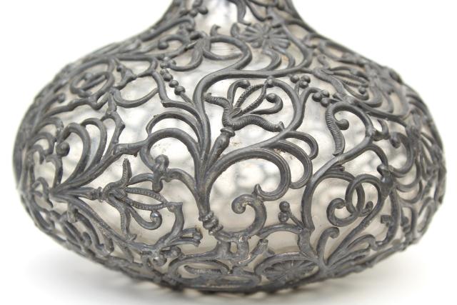 broken antique glass bottle, decanter w/ applied pewter overlay dull silver metal filigree