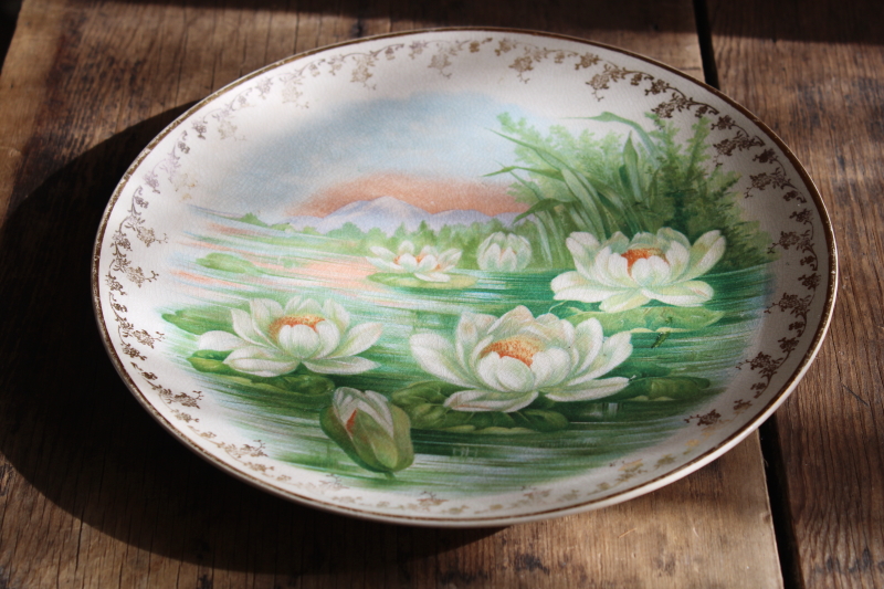 browned stained old antique china charger plate w/ water lily flowers, pond lilies