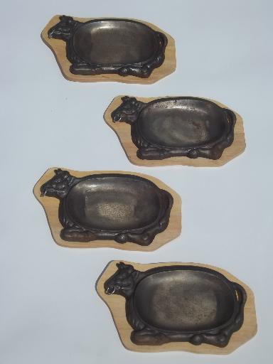 bull cow sizzling steak metal grill plates set, vintage 70s or 80