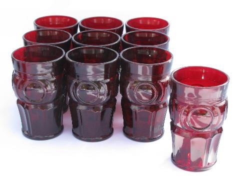 bullseye mod dots pattern glass tumblers, vintage Wheaton, 10 ruby red glasses