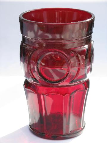 bullseye mod dots pattern glass tumblers, vintage Wheaton, 10 ruby red glasses