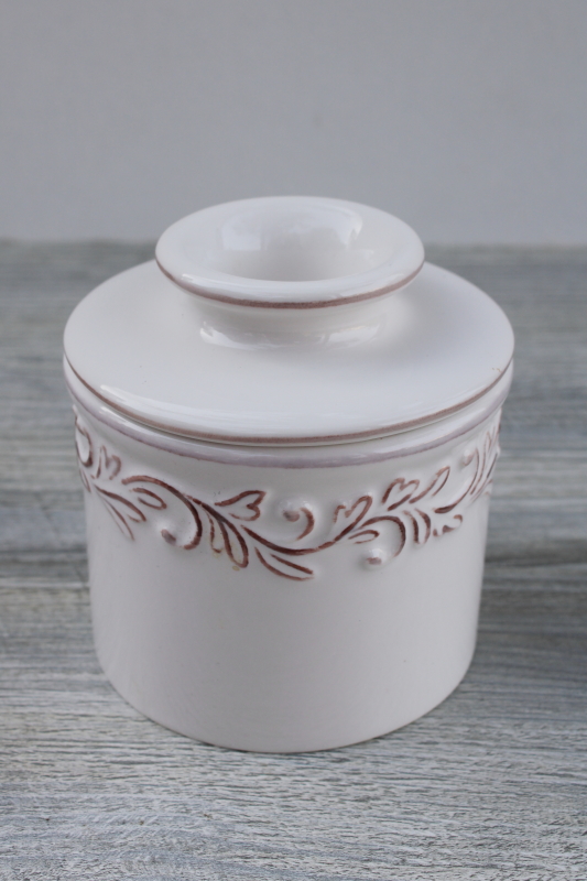 butter bell crock, french country farmhouse style butter keeper in white