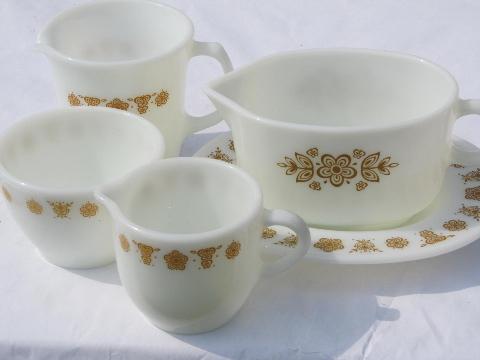 butterfly gold vintage Pyrex glass serving pieces to go with Corelle