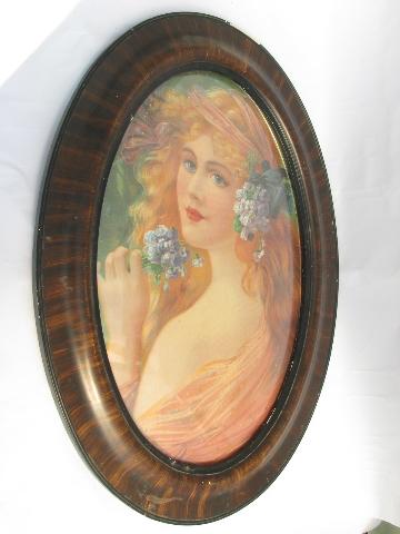 ca 1900 framed bubble glass print, draped girl w/ flowers in her hair