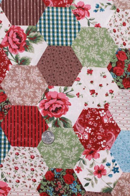 calico hexies cheater patchwork print cotton quilting fabric, 9+ yds hexagon blocks