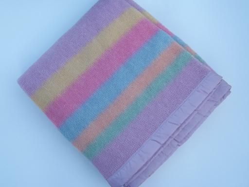 candy striped lavender wool camp blanket, 1950s vintage, never used